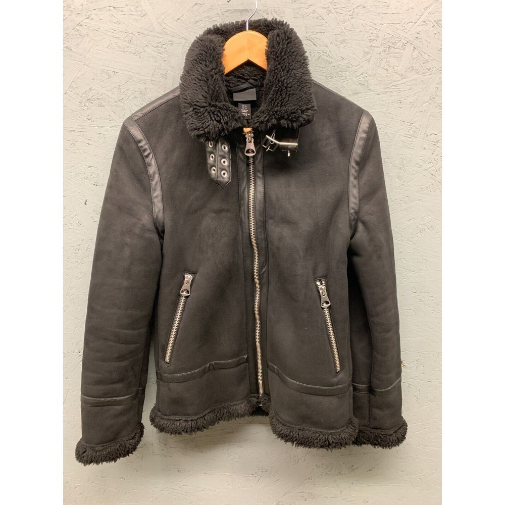 H&M Sherpa Faux Fur Lined Suede Jacket Women’s XS Black Cozy Winter Coat - Picture 5 of 12